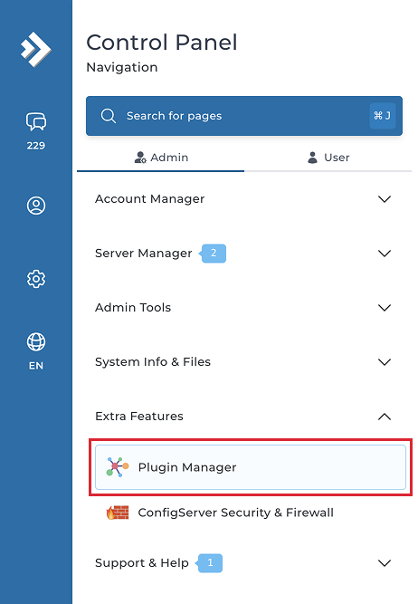 DirectAdmin sidebar