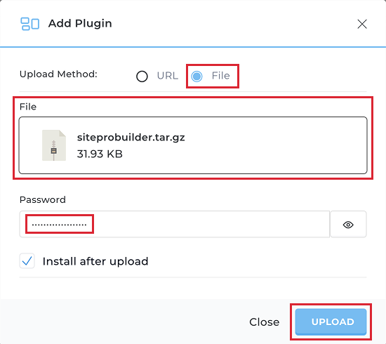 DirectAdmin upload plugin dialog