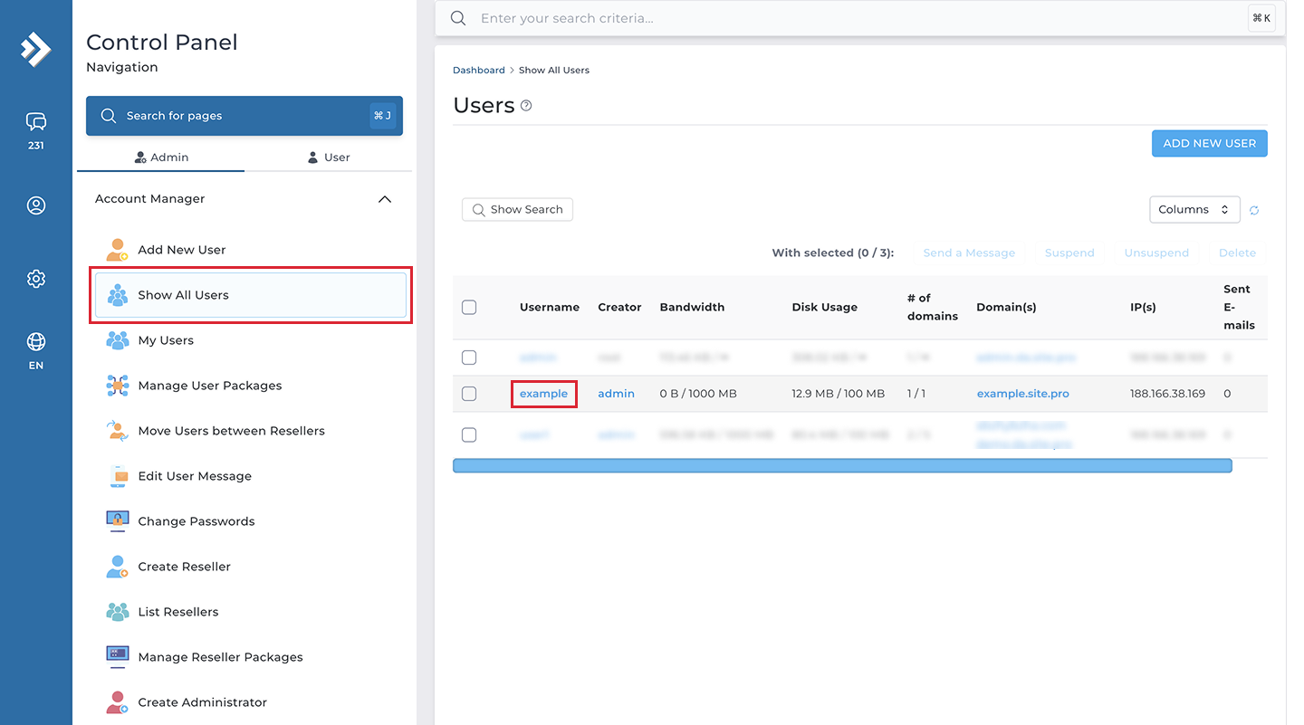DirectAdmin show all users
