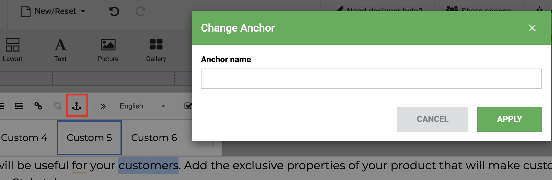 Adding an anchor to a page element in the site editor