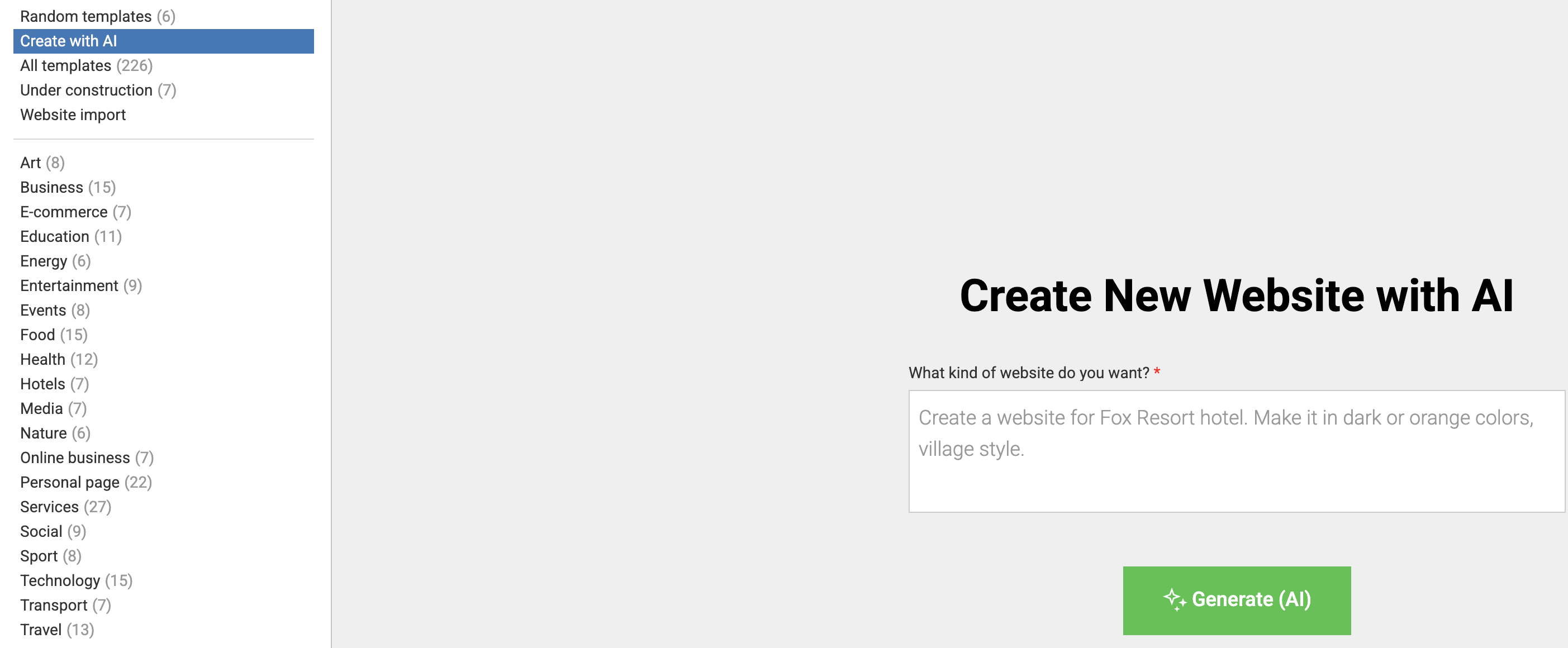 Website creation preview with AI
