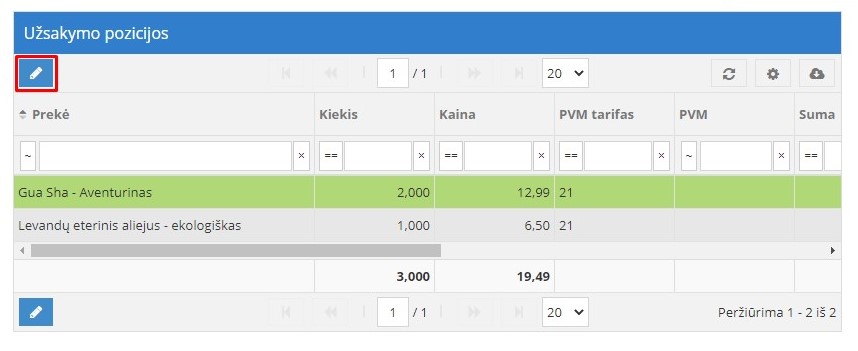 Prekės pasirinkimas ir redagavimas užsakymo pozicijoje