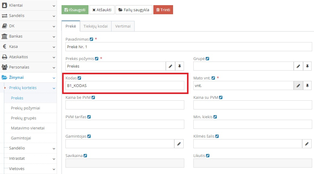 Prekės kodo įvedimas Site.pro sistemoje