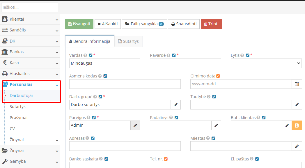 Darbuotojo kortelės sukūrimas Personalas modulyje