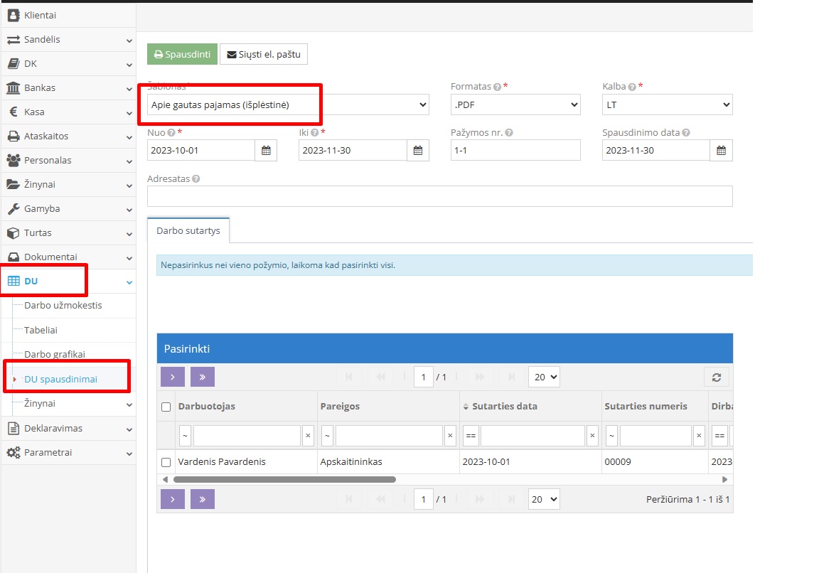 Pažymos apie pajamas formavimo nustatymai