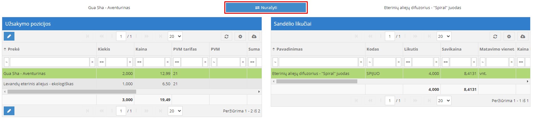Nurašomos prekės pasirinkimas ir nurašymo atlikimas
