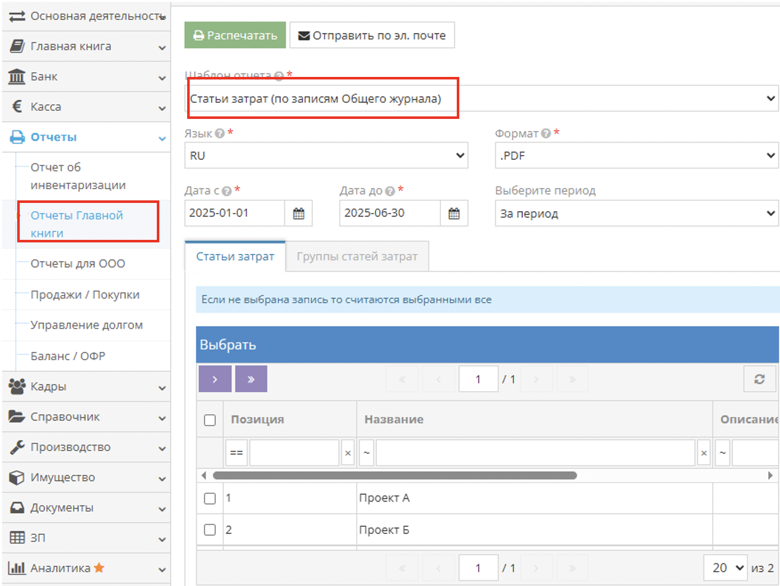 Пример отчёта по центрам затрат в Главной книге