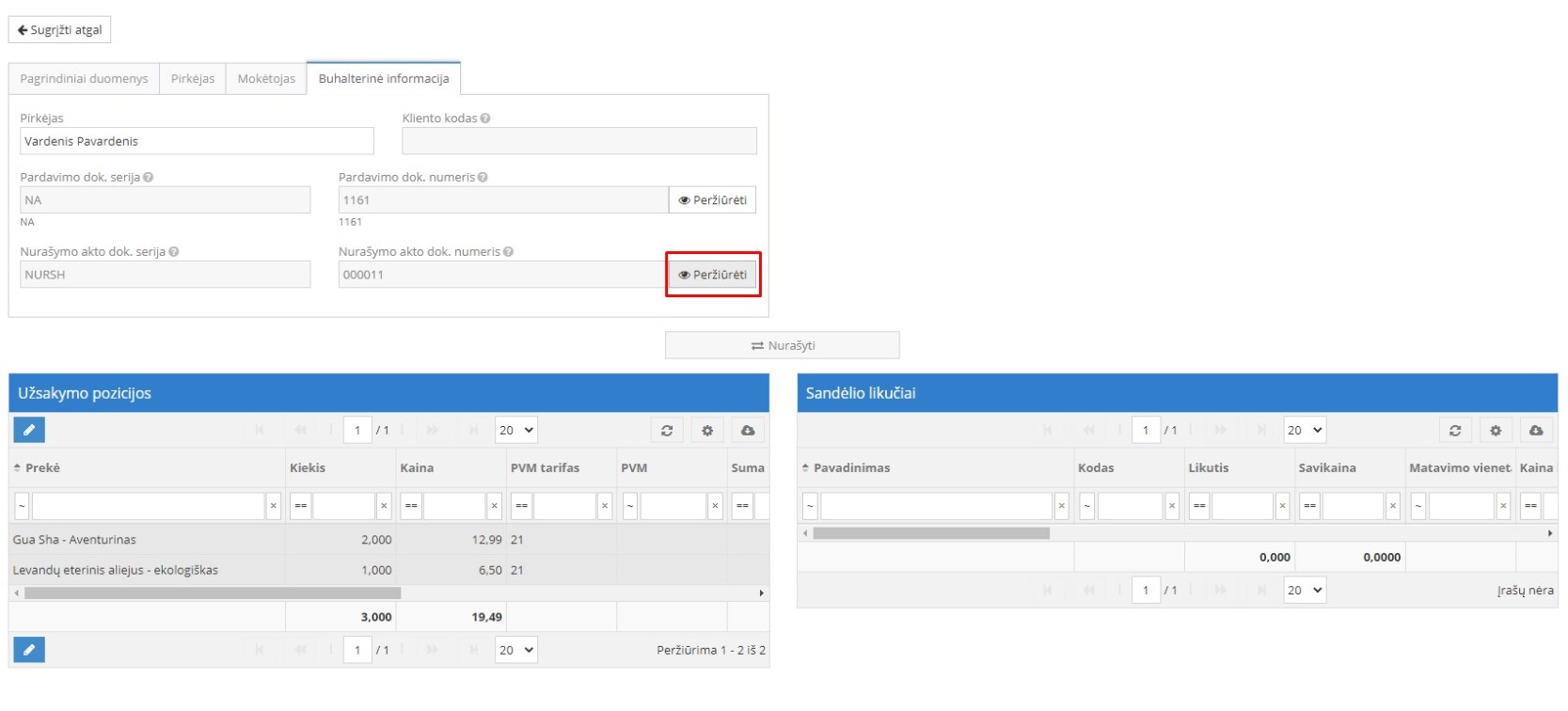 Buhalterinės informacijos peržiūros langas