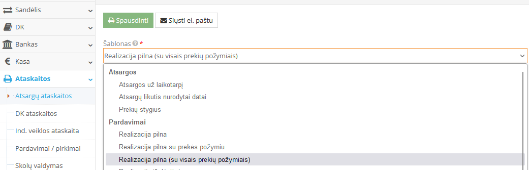 Ataskaitos formavimo pasirinkimas
