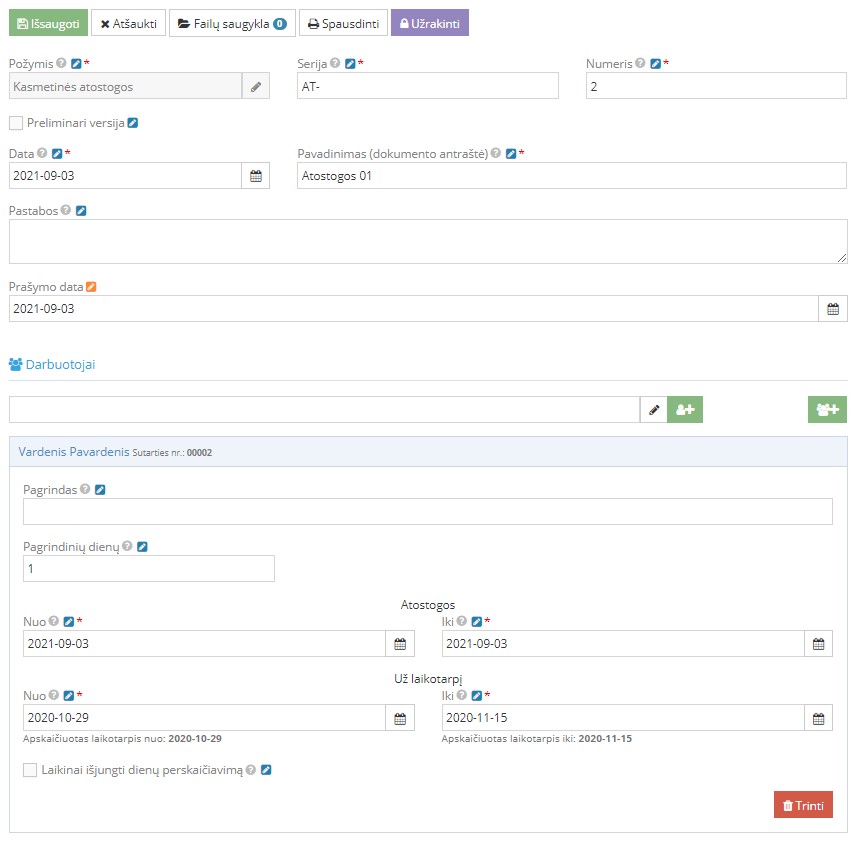 Atostogų laikotarpio pasirinkimo langas