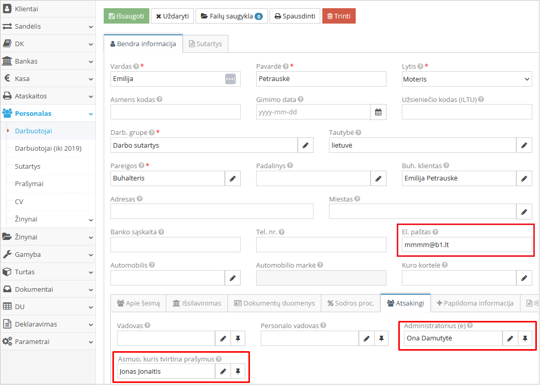 Atsakingų asmenų nustatymo langas prašymų tvirtinimui