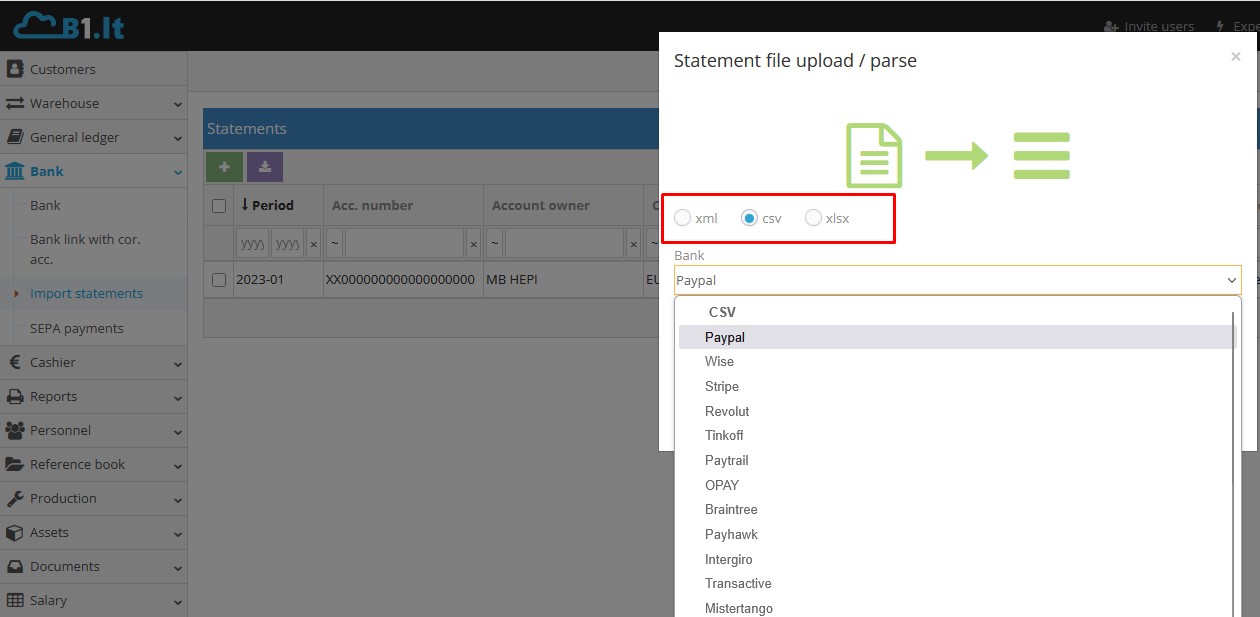 Bank statement import window in Site.pro system