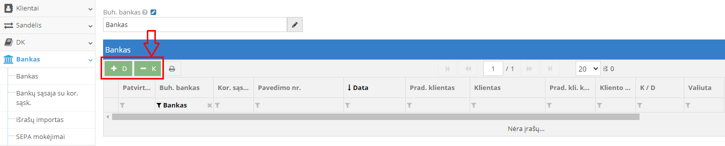 Banko likučio įvedimo pradžios langas