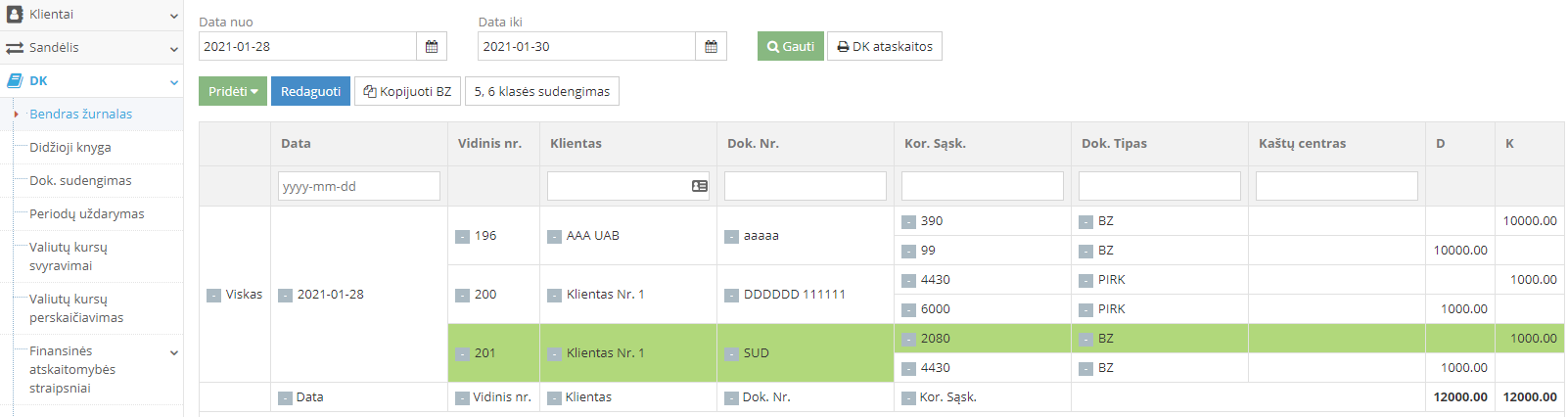 Atidarytas bendro žurnalo įrašo koregavimo langas