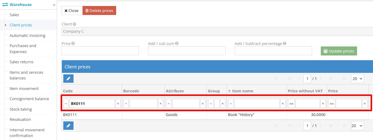 Selecting products for individual client prices