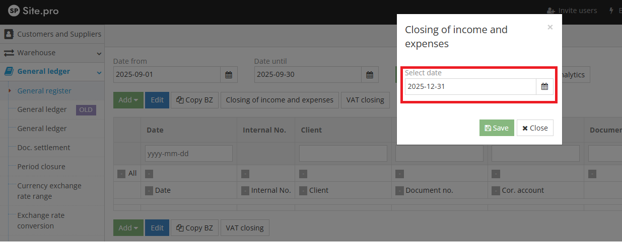Closing of income and expense window in accounting software