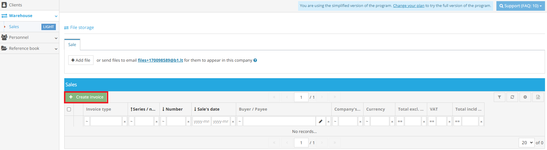Creating a new invoice in Sales module