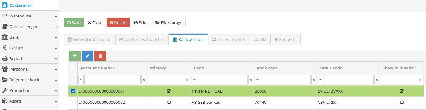 Client card bank accounts section