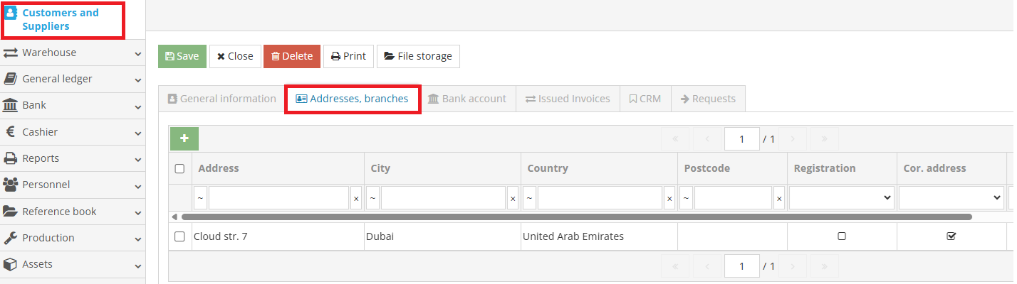 Example of company address and branch assignment