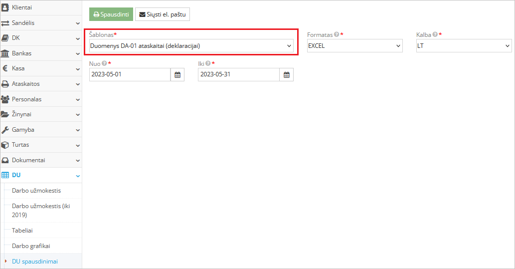 DA-01 ataskaitos suformavimo langas apskaitos sistemoje