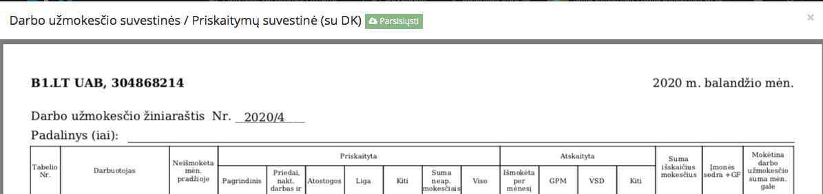 Darbo užmokesčio skolos ataskaitos pavyzdys