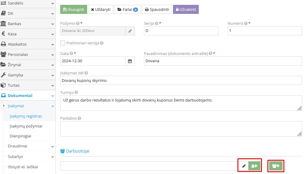Darbuotojų pasirinkimo langas