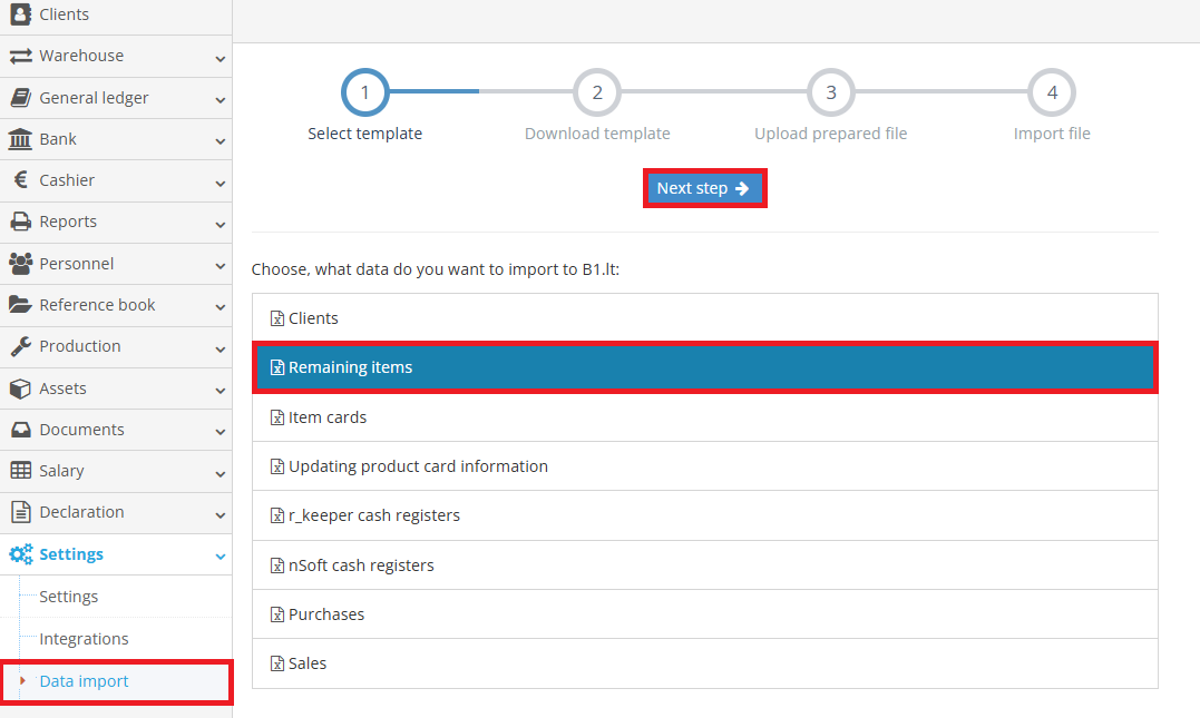 Module selection for remaining items import