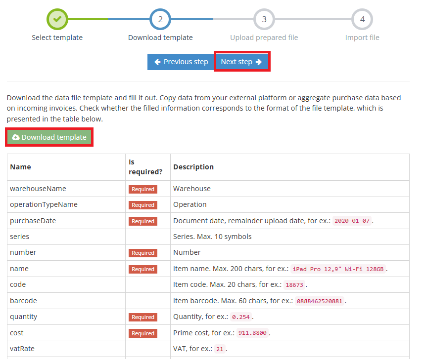 Downloading Excel template for remaining items