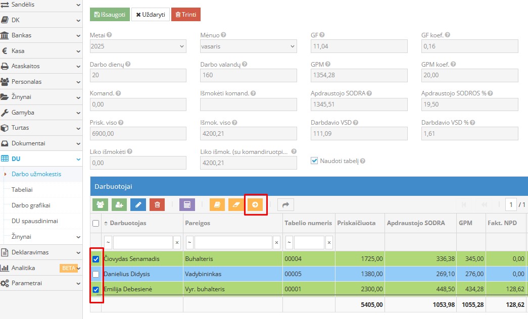 DU kodo priskyrimo langas darbuotojui