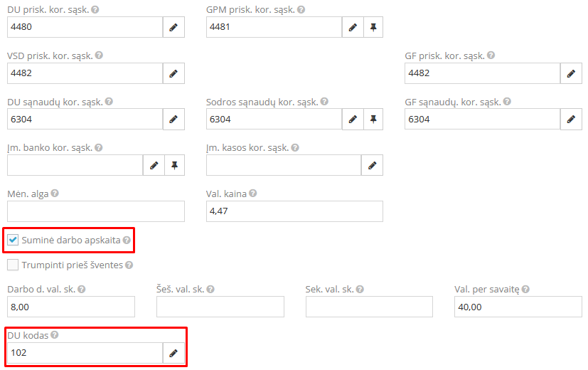 Suminės darbo laiko apskaitos pasirinkimo langas darbuotojo kortelėje