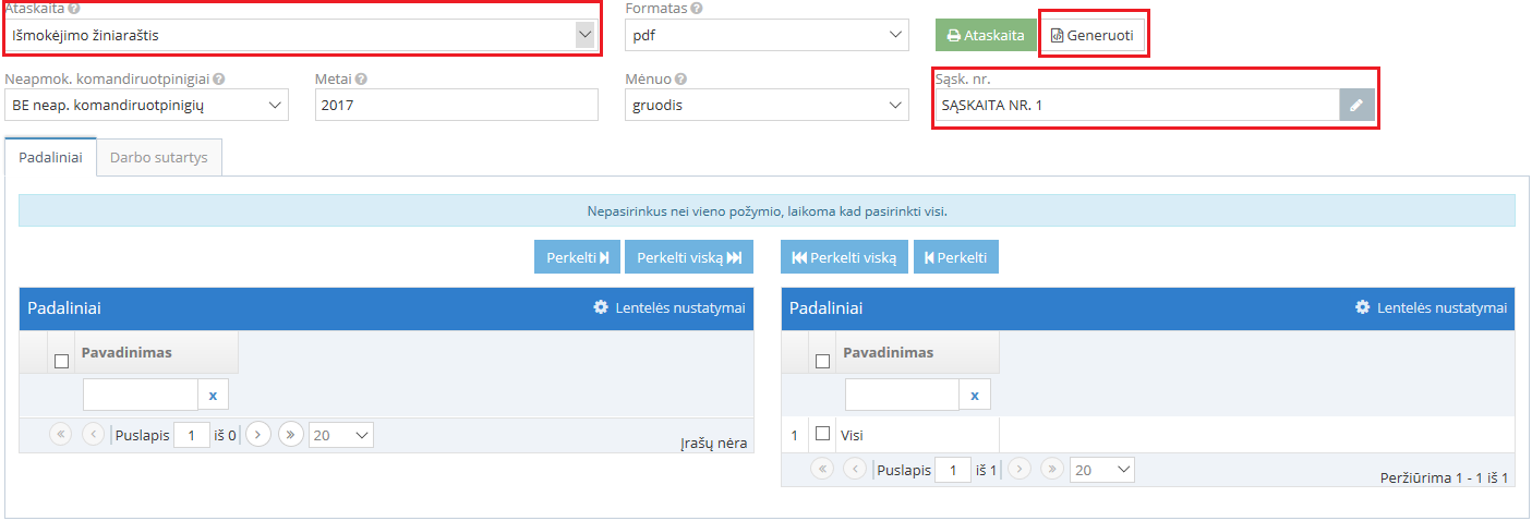 DU išrašo peržiūra darbo užmokesčio ataskaitoje