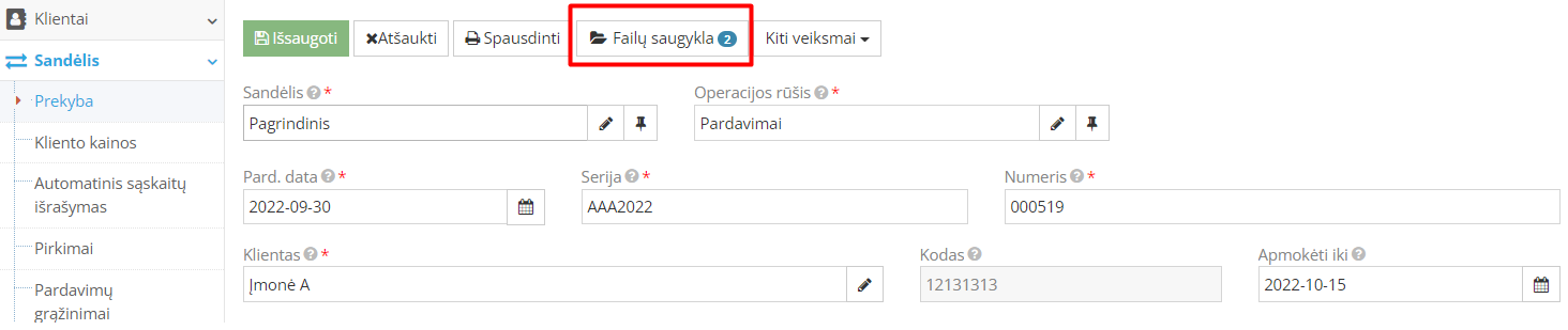 Pardavimo įrašo dokumentų saugojimas failų saugykloje