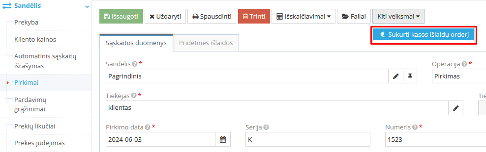 Kasos išlaidų orderio sukūrimo veiksmas