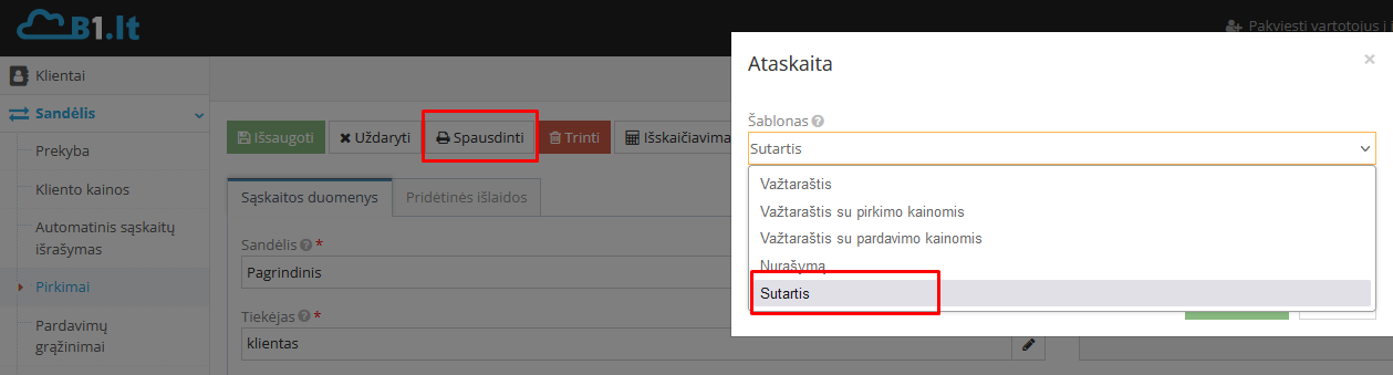 Pirkimo-pardavimo sutarties spausdinimo langas