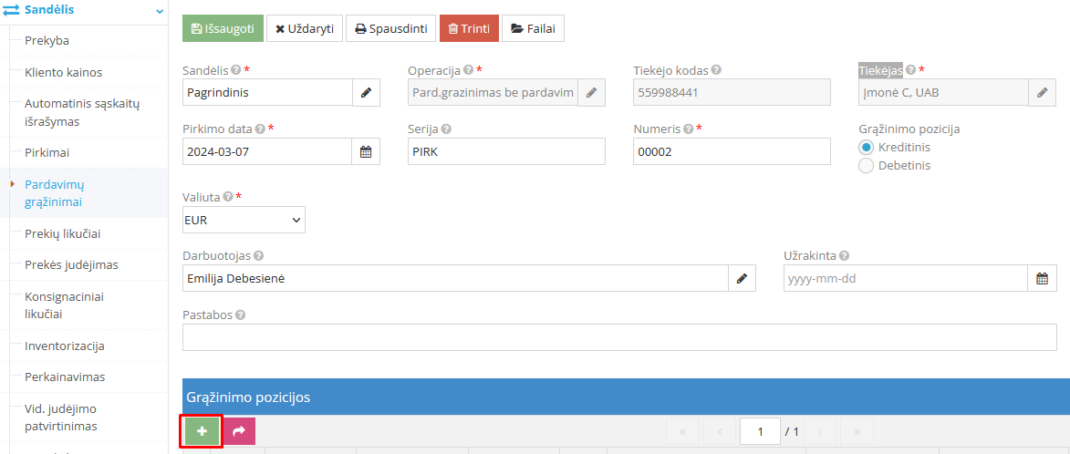 Grąžinimo pozicijų pildymo langas