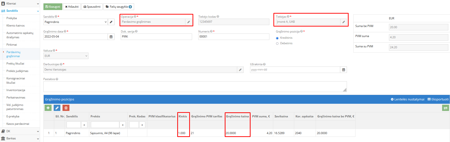 Pardavimų grąžinimo įrašo pildymo langas