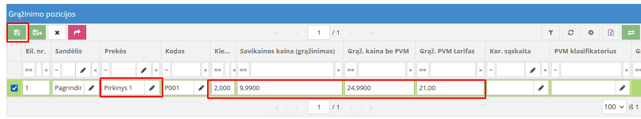 Grąžinimo pozicijos pildymo pavyzdys
