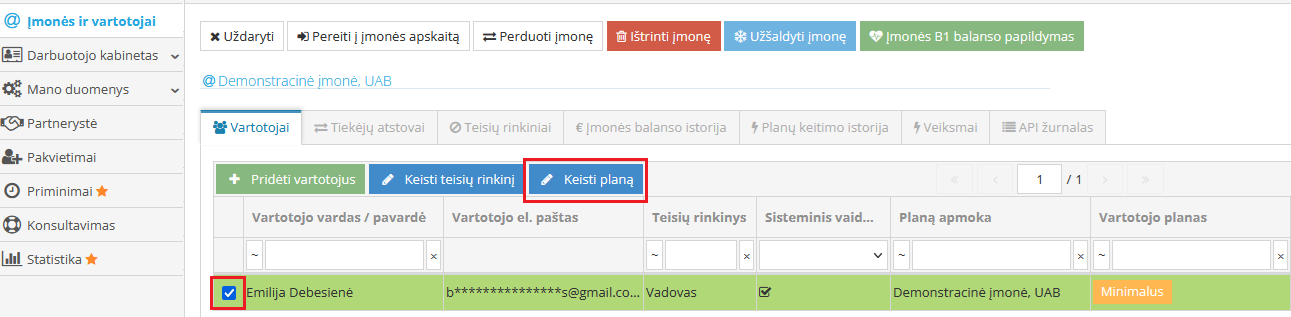 Vartotojo pasirinkimas plano keitimui
