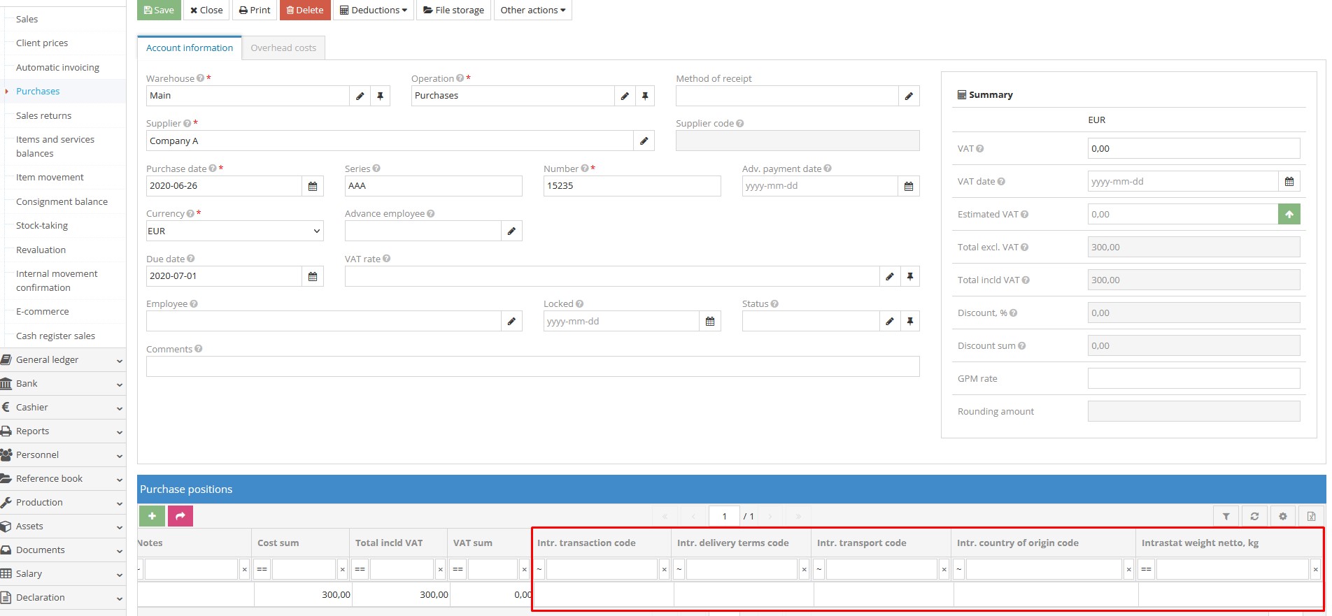 Filling in Intrastat fields in the item card