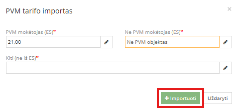 PVM klasifikatorių priskyrimo langas Varle integracijoje
