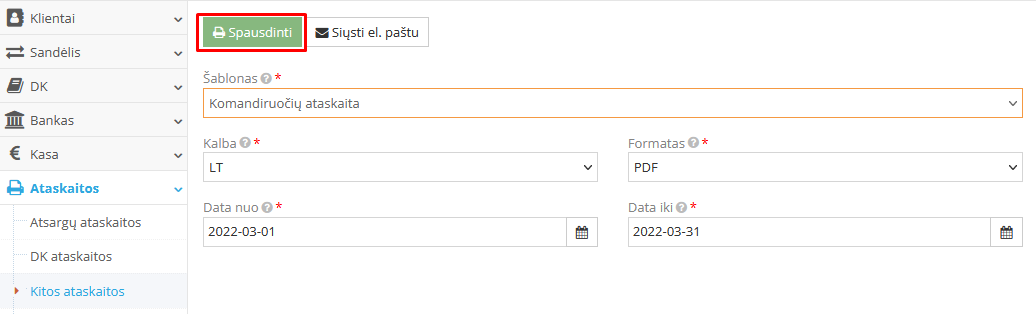 Komandiruotės ataskaitos langas su pasirinktomis datomis