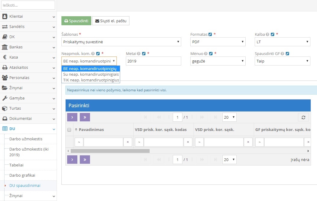 Darbo užmokesčio žiniaraščio suvestinė su komandiruotpinigių pasirinkimais