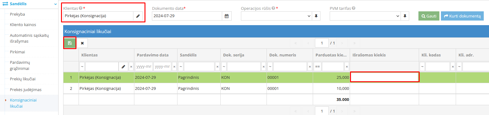Pardavimo dokumento formavimas pagal konsignacinių prekių sąrašą