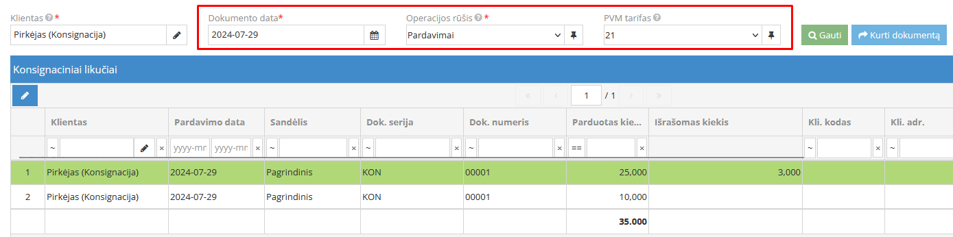Dokumento kūrimo langas konsignaciniam pardavimui