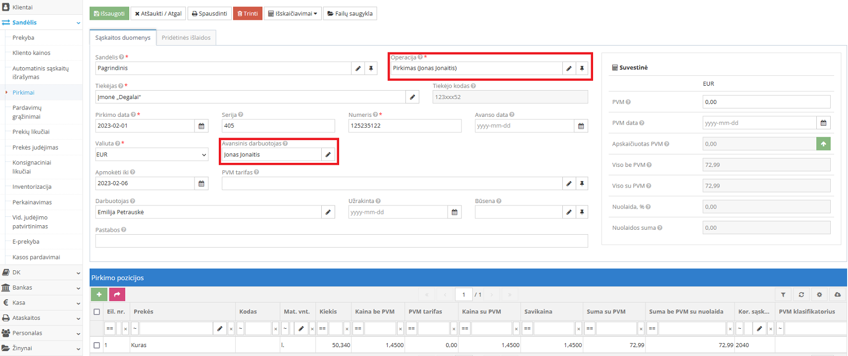 Pirkimo dokumento registravimo langas