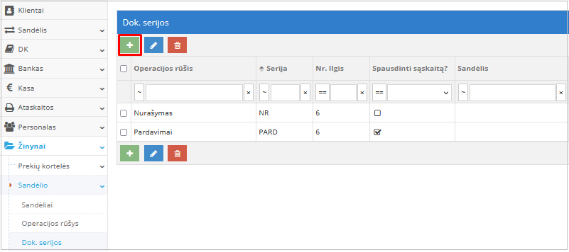 Dokumento serijos kūrimas pardavimo operacijoms