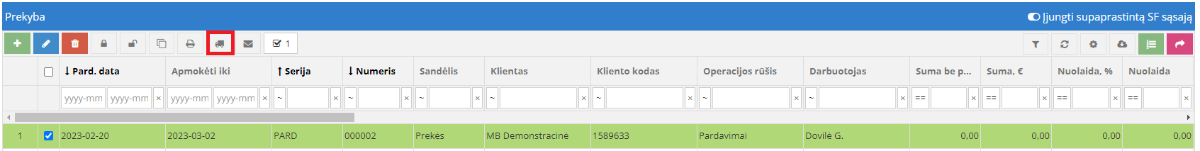 Važtaraščio kūrimo mygtukas pardavimo sąskaitoje