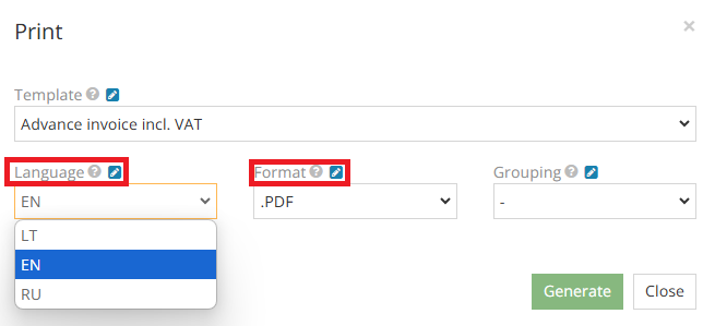 Available formats and languages for proforma invoices