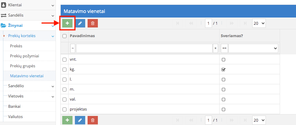 Naujo matavimo vieneto sukūrimo langas