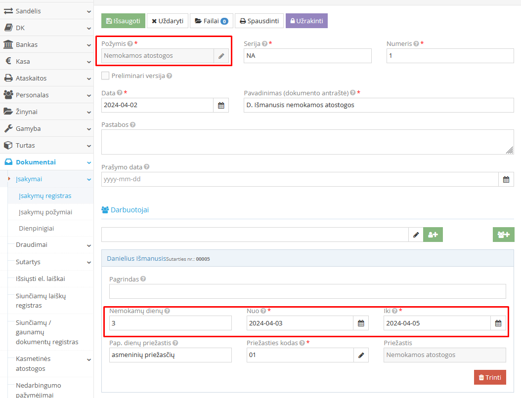 Nemokamų atostogų įsakymo forma